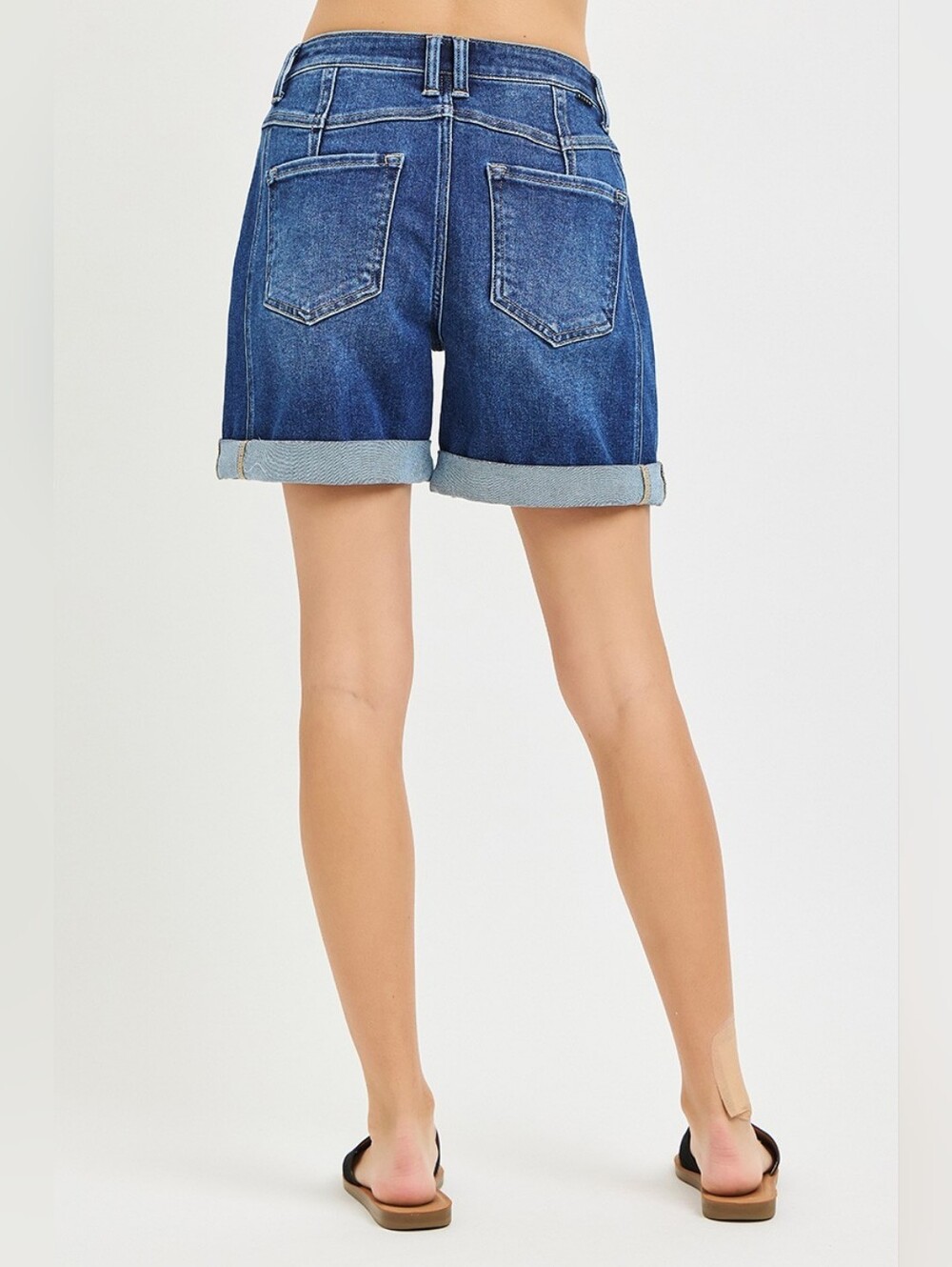 RISEN Dark Wash Double Button Denim Shorts Roll Up Midi Side Seam S M L XL NEW - Picture 3 of 7